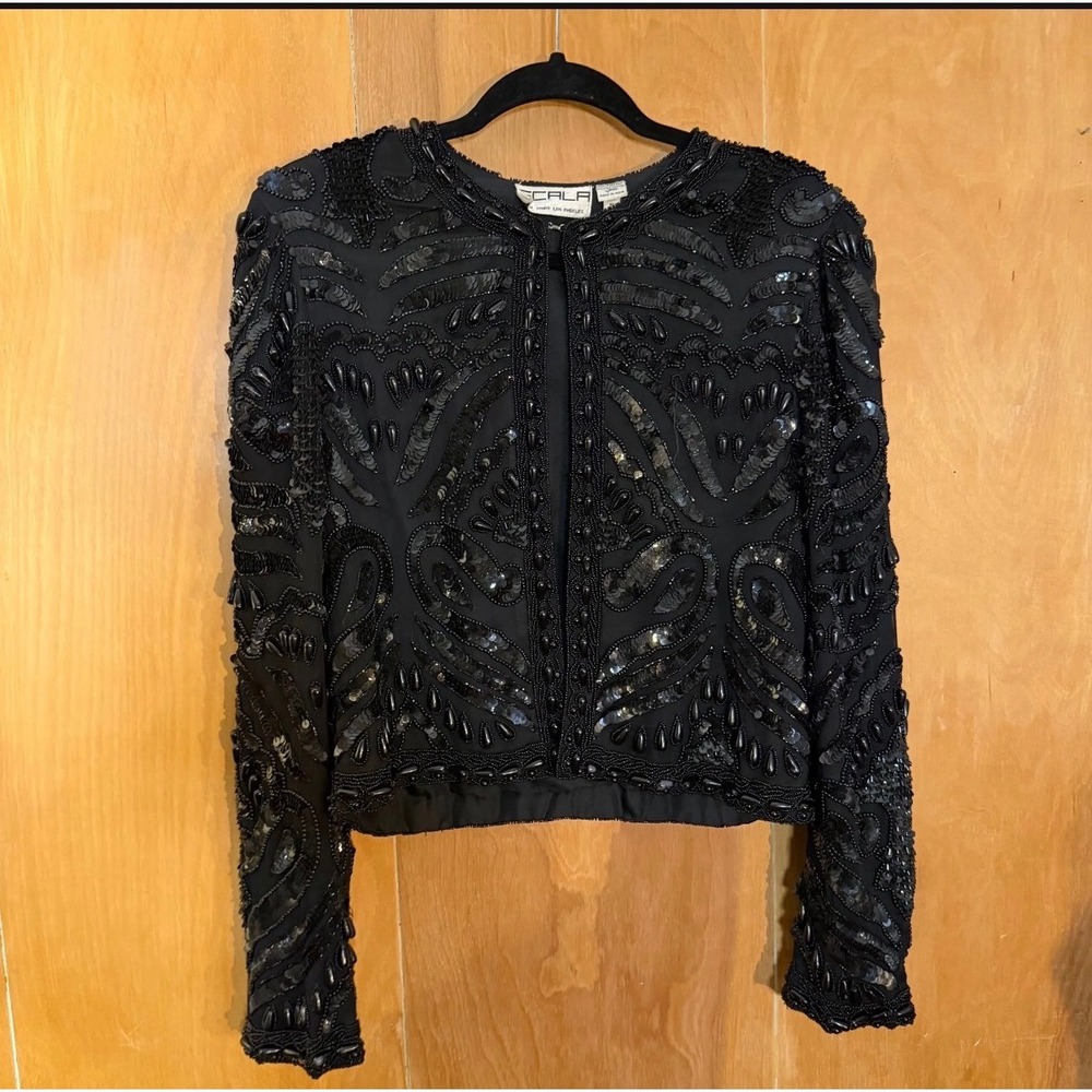 Scala Vintage Black Beaded Sequin Silk Evening Jacket Cropped Bolero Small